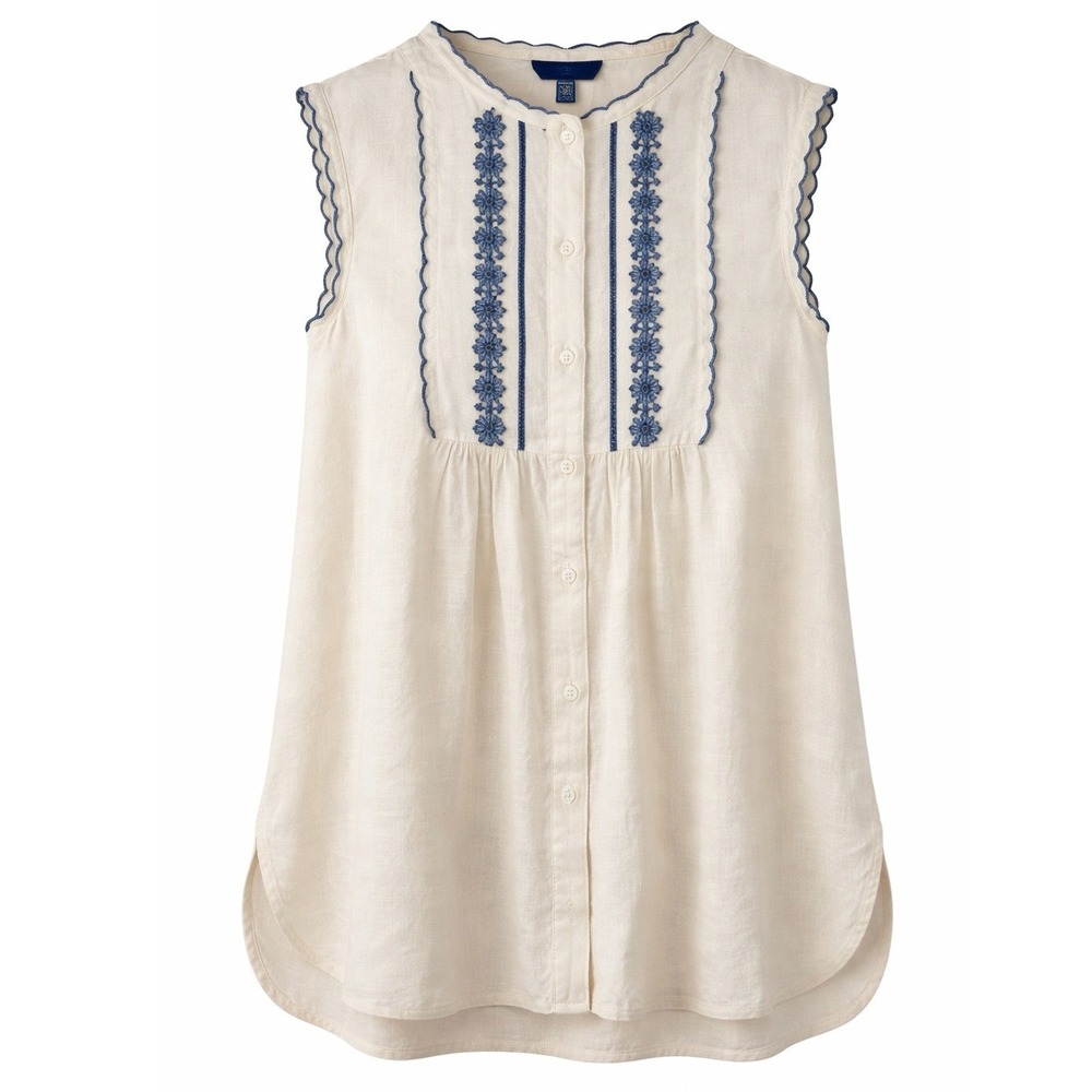 Max Mara Weekend Linen Top Women M/L Cream Embroidered Boho Coastal Chic